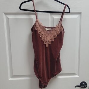 Blush Noir Elegant Lace Trimmed Dark Blush Bodysuit Gently Used Size S